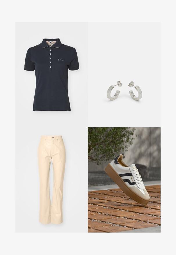 Tumesinest puuvillane polo särgiga, millel on krae ja nupuvahi. Valge broderi "Barbour" logo. Lühikesed varrukad ja ruuduline äär.; Beezhiv faux nahkust flared püksid sujuva tekstuuriga, esikottide, nööbiga sulgemise ja peene läikiva viimistlusega.; Valge toss mustade detailide ja beež seemisnahaga, millel on tekstureeritud kummist tald ja paeltega kinnituse disain. Brändi logo on nähtav külje peal.; Hõbedased metallist rõngakõrvarõngad tekstureeritud kujundusega, millel on väike kinnituskate ja bränding ühel rõngal. Ümar kuju ja poleeritud viimistlus.