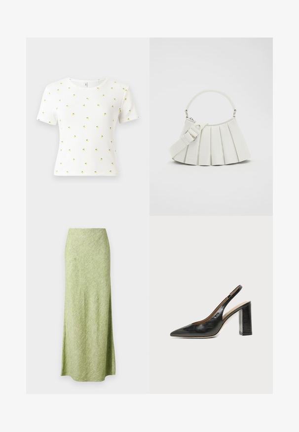 T-shirt blanc à manches courtes en tissu côtelé, arborant un motif éparpillé de petits ananas jaunes avec des feuilles vertes.; Samsøe Samsøe AGNETA LONG SKIRT - Jupe longue - peridot mel; Chaussure slingback en cuir noir à bout pointu avec un talon bloc haut et une doublure intérieure beige sur un fond clair uni.; Lacoste LENGLEN BAG - Sac à main - cristalline
