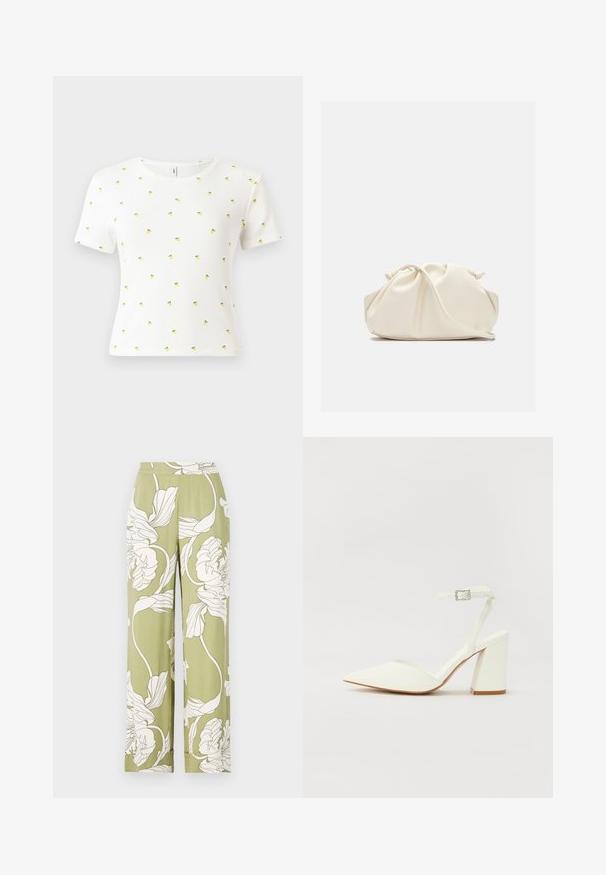 T-shirt blanc à manches courtes en tissu côtelé, arborant un motif éparpillé de petits ananas jaunes avec des feuilles vertes.; Pantalons larges à motif floral en vert clair avec des imprimés botaniques blancs. Dotés d'une taille élastique et d'un tissu doux et texturé.; Sandale blanche à talon avec un bout pointu, sangle de cheville réglable et un talon carré épais. Texture lisse avec des détails de couture minimaux.; Pochette en cuir souple couleur crème avec un design froncé et une fine bandoulière reposant à l’avant sur un fond uni.