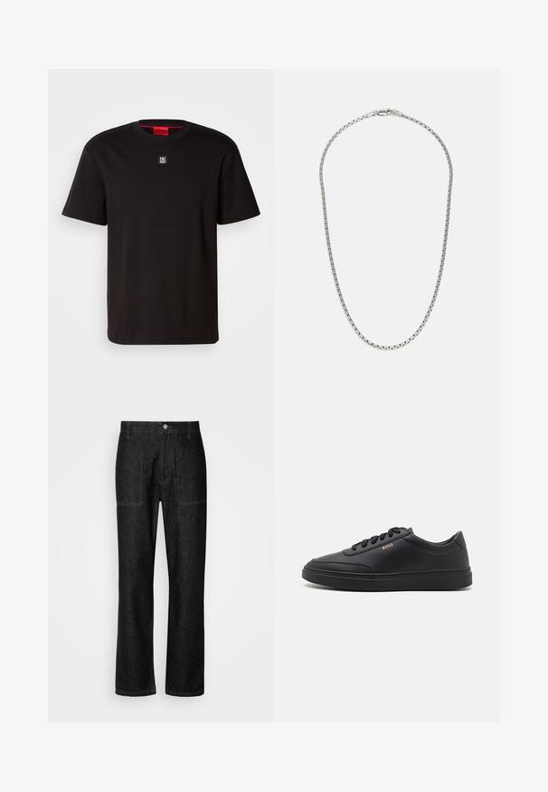 HUGO DALILE - T-shirt basique - black; Pantalons en denim noir avec une coupe droite, des coutures visibles et une fermeture à bouton sur le devant. Comprend deux poches latérales et deux poches arrière.; Baskets en cuir noir avec une texture lisse, bout rond, semelle en caoutchouc plate et lacets ton sur ton. Présente une marque "BOSS" dorée sur le côté.; Collier en chaîne argentée avec un design de maillons alternés. Comprend des maillons plats et rectangulaires ainsi qu'un fermoir sécurisé, avec une texture lisse sur l'ensemble.