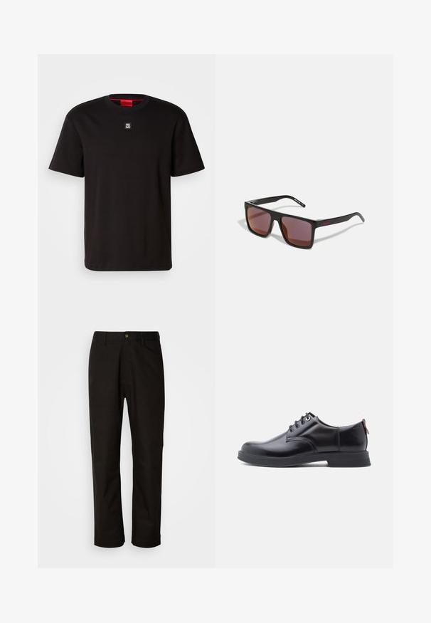 HUGO DALILE - T-shirt basique - black; Pantalon en coton noir avec une coupe droite, des passants de ceinture, une fermeture éclair à l'avant et un seul bouton. Texture lisse sans motifs visibles.; Chaussures en cuir noir à lacets avec une texture lisse, un bout arrondi et des détails de couture discrets. Présentent une languette rouge à l'arrière.; Lunettes de soleil rectangulaires noires avec des verres rouge foncé, présentant une finition mate et un logo rouge sur la branche. Monture en plastique robuste.