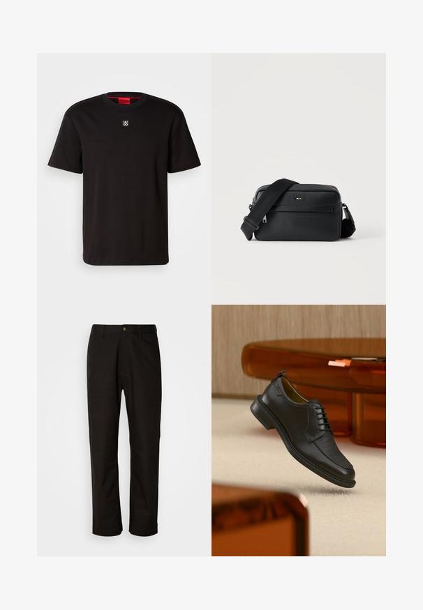 HUGO DALILE - Camiseta básica - black; Pantalones de algodón negros con corte recto, presillas para el cinturón, cremallera frontal y un solo botón de cierre. Textura suave sin patrones visibles.; Zapato de vestir negro de piel con cordones y parte delantera texturizada, flotando sobre una alfombra beige en una habitación moderna con muebles de tono ámbar.; Bolso bandolera negro de cuero texturizado con bolsillo frontal con cremallera y correa de hombro ancha de tela ajustable sobre fondo blanco.