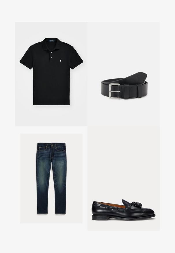 Čierna polokošeľa vyrobená z bavlny, s klasickým golierom, zapínaním na tri gombíky, krátkymi rukávmi a bielym logom na ľavej strane hrude.; Tmavomodré slim-fit rifle so vyblednutými detailmi, dizajn s piatimi vreckami a zapínaním na gombíky, položené na bielom pozadí.; Čierny kožený mokasín s detailom strapcov a nízkym podpätkom, pohľad z boku na jednoliatom pozadí.; Čierny kožený opasok so striebornou kovovou prackou. Má hladkú textúru a jazyk na nastavenie veľkosti. Klasický dizajn bez ozdôb.