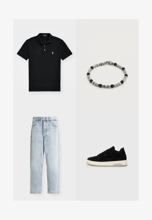 Zwarte poloshirt van katoen, met een klassieke kraag, een drie-knopen sluiting, korte mouwen, en een wit logo op de linkerborst.; Lichtblauwe high-waist jeans met rechte pijpen, voor met knoop- en ritssluiting, riemlussen en twee voorzakken.; Zwart suède sneaker met een crèmekleurige rubberen zool, platte veters en een zachte binnenvoering. Heeft minimale branding in goud.; Armband met zwarte en zilveren kralen, afwisselend ronde en buisvormige vormen, metalen glans en een sluiting.