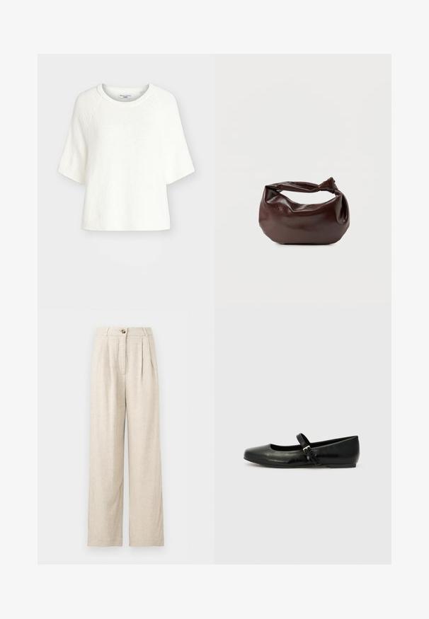 Pull tricoté texturé blanc à manches courtes avec encolure ronde et coupe décontractée, étiqueté Marc O'Polo Denim.; Pantalon large en lin beige taille haute avec fermeture à boutons et plis à l'avant, conçu pour une coupe décontractée.; Ballerines en cuir noir avec un bout arrondi, une semelle plate et une fine sangle ajustable sur le cou-de-pied avec une boucle en métal.; Sac bandoulière en cuir marron foncé avec une forme souple et décontractée et une anse nouée torsadée sur un fond blanc uni.
