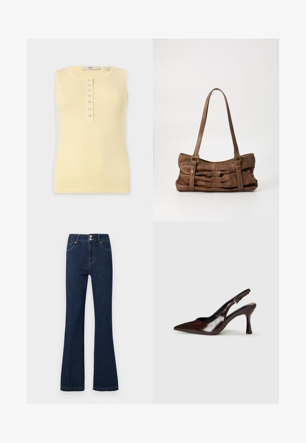 Débardeur côtelé jaune pâle sans manches avec encolure ronde et rangée verticale de six boutons-pression argentés au centre devant.; Jean en denim bleu foncé avec taille haute, double bouton de fermeture, poches avant et jambes légèrement évasées.; Talons slingback en cuir verni brun avec un bout pointu, un talon fin, et une sangle réglable avec une petite boucle.; Even&Odd Sac à main - brown