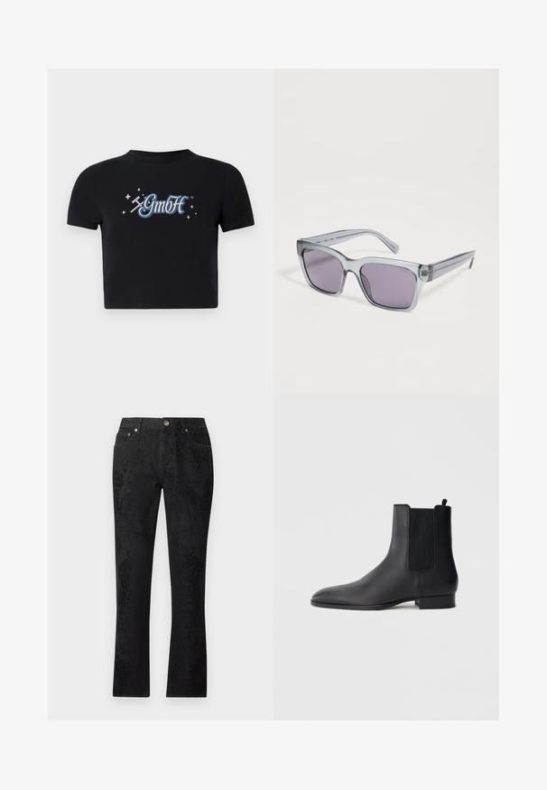 Zwart cropped t-shirt van katoen met een ronde halslijn, voorzien van een blauw-wit "GmbH" logo omringd door kleine sterren, bedrukt op de voorkant.; Zwarte jeans met rechte pijpen en subtiel bloemenjacquardpatroon, een knoop aan de voorkant, riemlussen en een ontwerp met vijf zakken.; Zwarte leren Chelsea-laars met elastische zijpanelen en lage gestapelde hak, vanaf de zijkant getoond tegen een eenvoudige lichte achtergrond.; Grijze transparante zonnebril met vierkant montuur en paarse getinte glazen, schuin geplaatst om zowel voor- als zijaanzicht te tonen op een witte achtergrond.