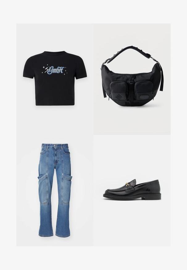 Sort cropped t-shirt lavet af bomuld med en rund halsudskæring, prydet med et blåt og hvidt "GmbH" logo omgivet af små stjerner, trykt på forsiden.; Denim cargo bukser i lyseblå med høj talje, flere sidelommer og vide ben, med kontraststing og lynlås lukning.; Sorte læder loafers med en rund tå, der har guld hardware accent og syningsdetaljer, placeret på en lav, tekstureret gummisål.; Sort skuldertaske i halvmåneform med polstret justerbar rem og to lynlåslommer foran med trækflapper.