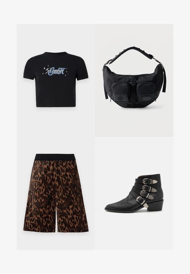 Schwarzes, kurzes T-Shirt aus Baumwolle mit rundem Ausschnitt, das auf der Vorderseite ein blaues und weißes "GmbH"-Logo zeigt, umgeben von kleinen Sternen.; Hose mit weitem Bein im braun-schwarzen Tiermuster und schwarzem Gummibund, auf einem weißen Hintergrund präsentiert.; Schwarze Leder-Ankle-Boots mit vier dekorativen silbernen Schnallen, spitzer Zehe und einem gestapelten Absatz mit gerippten Details am Schaft.; Schwarze, sichelförmige Schultertasche mit gepolstertem, verstellbarem Riemen und zwei vorderen Reißverschlusstaschen mit Zuglaschen.