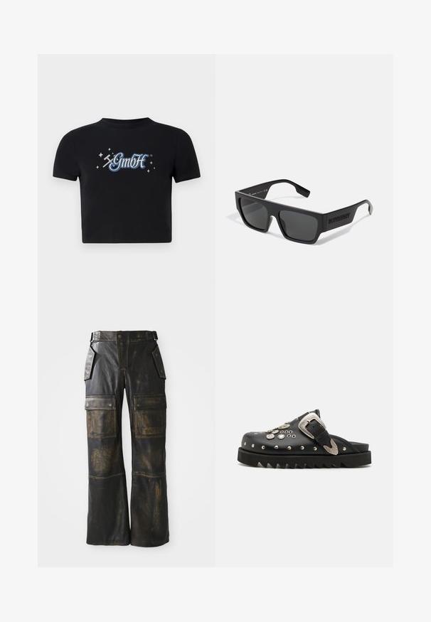 Sort cropped t-shirt lavet af bomuld med en rund halsudskæring, prydet med et blåt og hvidt "GmbH" logo omgivet af små stjerner, trykt på forsiden.; Sorte læder cargo bukser med en slidt tekstur, der har store sidelommer, høj talje og kontrasterende syninger langs sømmene.; Sorte lædertræsko med metalliske nitter og blomsteraccenter. Har en bred rem og en tyk, takkede sål for ekstra højdeforskydning.; Sorte solbriller med rektangulær form, mat finish og grå linser. Har et prægede logo på stængerne. Klassisk design.