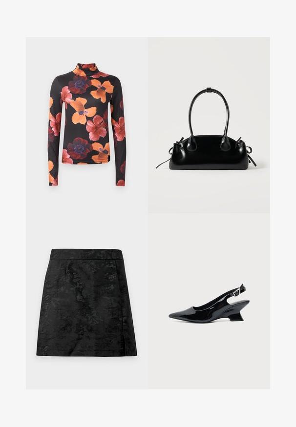 T-shirt à manches longues avec col roulé en tissu sombre, décoré de grands motifs floraux orange et rouge avec des textures et des formes variées.; Jupe noire avec un motif floral, texture lisse et coupe ajustée. Présente une taille élastiquée et une coupe droite avec une légère évasement.; Chaussure slingback en cuir verni noir avec bout pointu et petit talon bloc incliné sur fond clair uni.; Petit sac à main noir brillant avec deux longues anses et des détails à cordon sur les côtés sur un fond clair uni.