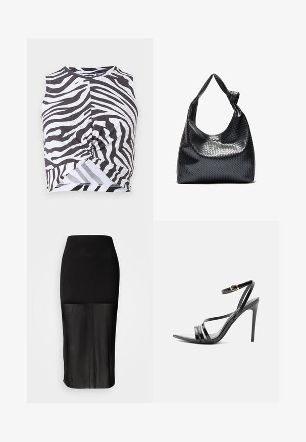 Zebra-gepatrooneerde cropped tanktop van zachte stof, met een twistdetail bij de taille en een ronde halslijn. Monochroom kleurenschema.; Zwarte midi-rok met een aansluitende tailleband, voorzien van een doorzichtige onderste paneel. Soepele textuur met een strakke silhoeet en geen zichtbare patronen.; Zwarte sandaal met hoge hak en dunne bandjes over de tenen en om de enkel, met een gouden gesp op een slanke naaldhak.; Zwarte geweven lederen handtas met een slouchy ontwerp, voorzien van een geknoopte schouderband en een kleine decoratieve gouden stud aan de bovenkant.