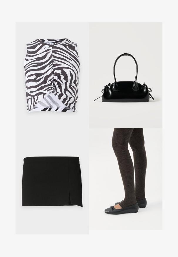 Zebra-gepatrooneerde cropped tanktop van zachte stof, met een twistdetail bij de taille en een ronde halslijn. Monochroom kleurenschema.; Zwarte minirok met een recht model, voorzien van een lichte uitsnijding vooraan. Gemaakt van een zachte, rekbare stof voor comfort en pasvorm.; Benen met donkere geribbelde leggings gecombineerd met zwarte ballerina's met kleine strikdetails op een witte achtergrond.; Kleine zwarte glanzende handtas met twee lange hengsels en zijkant trekkoord details op een effen lichte achtergrond.