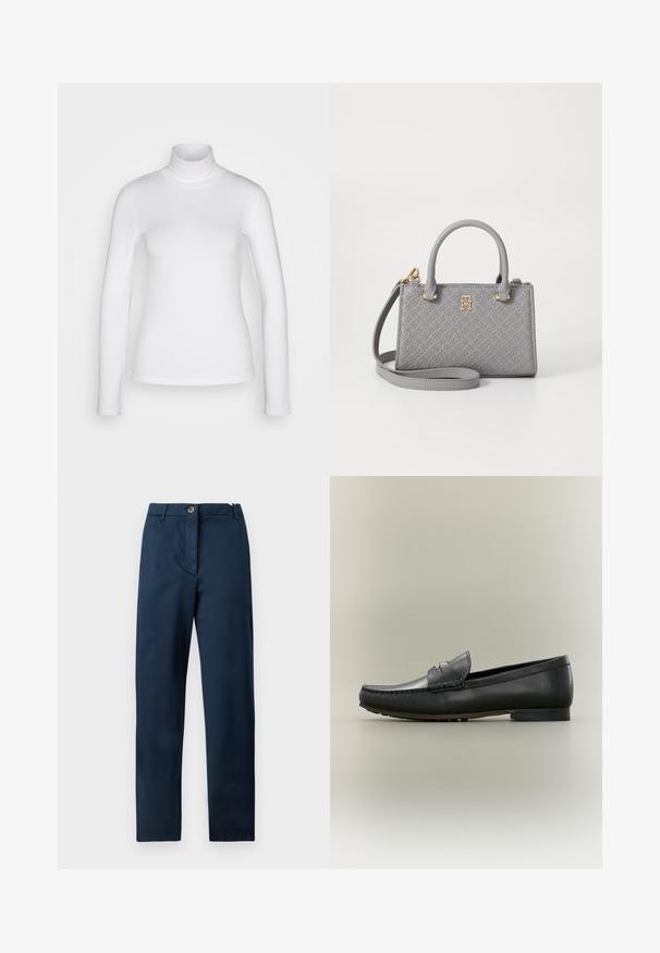 Witte langemouwen turtle neck shirt van een soepel, rekbaar stof. Heeft een strakke pasvorm en een hoge kraag. Geen zichtbare patronen of accenten.; Marineblauwe katoenen broek met een vlakke voorkant, ritssluiting en knoopsluiting, zijzakken en een rechte pijp. Gladde textuur, zonder patronen.; Zwarte leren loafer met mocassinnaad, lage hak en goudkleurig metalen detail op het bandje, getoond in profiel op een beige achtergrond.; Tommy Hilfiger ETERNITY MICRO TOTE MONO - Handtas - universal grey