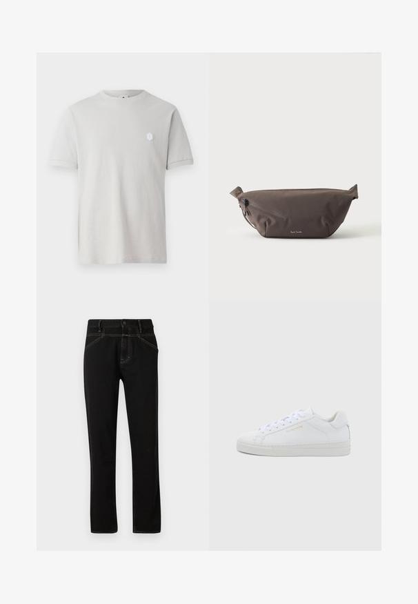 Helles graues Baumwoll-T-Shirt mit kurzen Ärmeln, rundem Ausschnitt und einem kleinen hexagonalen weißen Logo auf der oberen linken Seite. Glatte Textur.; Schwarze Denim-Jeans mit geradem Schnitt, versehen mit gelben Nähten, fünf Taschen und einem vorderen Knopfverschluss. Glatte Textur und minimalistisches Design.; Weiße Leder-Sneaker mit niedrigem Schnitt, runder Zehenpartie, flachen Schnürsenkeln, strukturierter Sohle und dezentem goldfarbenem Markenlogo an der Seite. Glatte Oberfläche und minimalistisches Design.; Dunkelbraune Stoff-Gürteltasche mit diagonalem Reißverschlussfach und kleinem weißen Logo vorne, vor einem einfarbigen hellen Hintergrund.