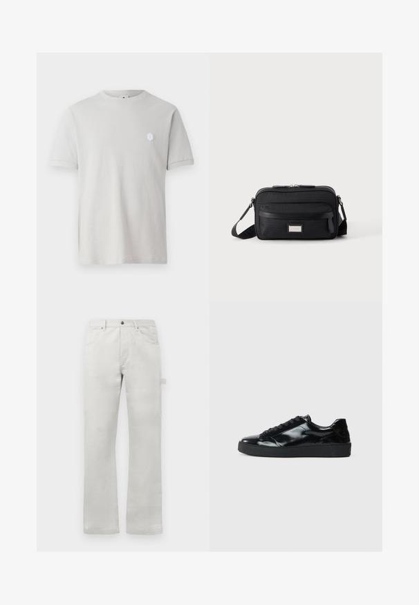 T-shirt en coton gris clair avec des manches courtes, un col rond, et un petit logo hexagonal blanc sur le coin supérieur gauche. Texture lisse.; Pantalon gris clair à coupe droite, fabriqué en tissu en coton lisse, avec des poches avant et une poche cargo sur le côté.; Baskets en cuir verni noir avec un bout arrondi, un laçage, une semelle en caoutchouc texturé et une finition lisse.; Sac bandoulière rectangulaire noir avec poche avant zippée, sangle réglable et plaque logo rectangulaire argentée sur fond uni.