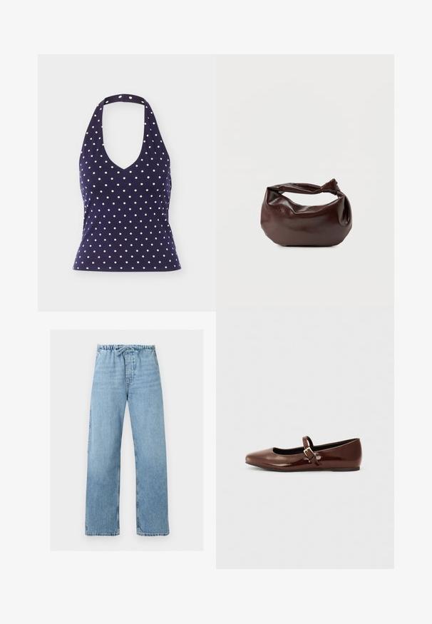 Haut dos nu bleu marine à pois blancs, encolure en V et taille cintrée, présenté sur un fond uni.; Jean en denim bleu clair avec jambes larges, taille élastique et lien à cordon, présenté à plat sur fond blanc.; Ballerine en cuir verni marron avec un bout carré et une lanière ornée d'une petite boucle dorée. Texture lisse, talon bas et design minimaliste.; Sac bandoulière en cuir marron foncé avec une forme souple et décontractée et une anse nouée torsadée sur un fond blanc uni.