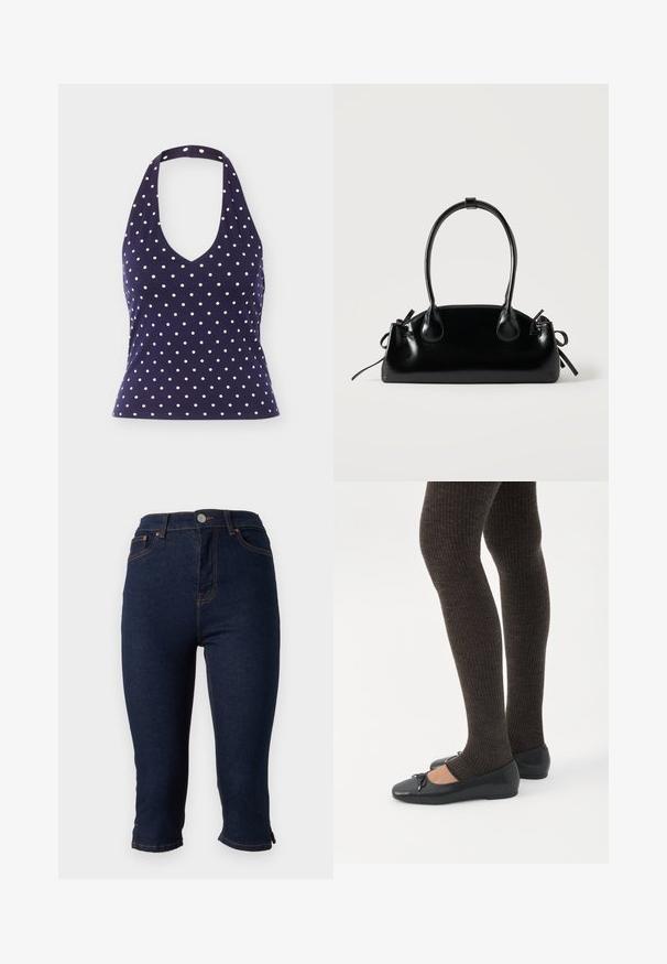 Haut dos nu bleu marine à pois blancs, encolure en V et taille cintrée, présenté sur un fond uni.; Jean skinny court en denim bleu foncé avec fermeture frontale par boutons et surpiqûres orange, présenté sur fond blanc.; Jambes portant des leggings côtelés foncés associés à des ballerines noires avec de petits détails en nœud sur fond blanc.; Petit sac à main noir brillant avec deux longues anses et des détails à cordon sur les côtés sur un fond clair uni.