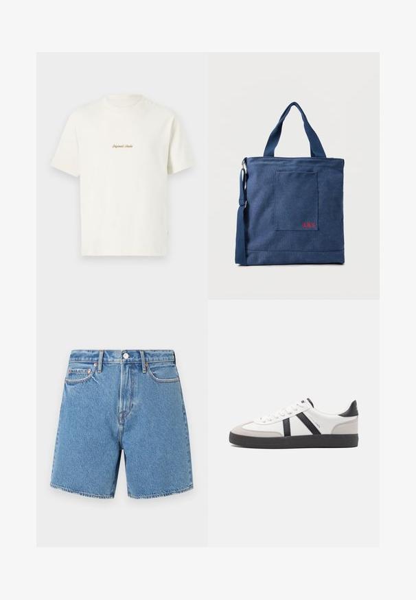 Crème katoenen t-shirt met korte mouwen, ronde hals en geborduurd "Original Studio" logo in goud op de borst. Zachte textuur.; Leren denim shorts in lichtblauw. Doorlopende stof met vijf zakken, een knoopsluiting en subtiele stiksels langs de naden en zakken.; Witte sneaker met zwarte en grijze accenten, voorzien van een grijze neus met textuur, zwarte rubberen zool en platte witte veters. Schoon ontwerp, minimalistische stijl.; Blauwe canvas tas met voorvak en rode "O.N.S" borduring, voorzien van dubbele handvatten en een verstelbare schouderriem.