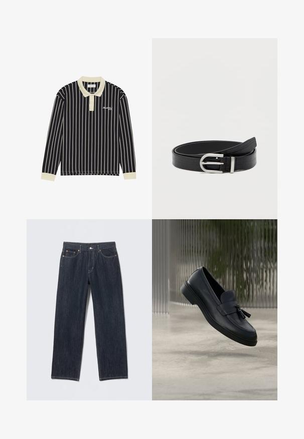 Langeærmet polo skjorte med marineblå og creme vertikale striber, en creme krave, tre-knaps placket og broderet logo på venstre bryst.; Mørkeblå denimjeans med en lige pasform, bæltestropper, for- og baglommer samt kontrasterende syninger. Ingen synlige mønstre eller pynt.; Sorte læderloafers med en glat tekstur, en rundet tå og dekorative kvaster foran. Fleksibel gummisål med lav hæl.; Sort faux læderbælte med krokodillemønster og en sølvfarvet rund spænde, snoet på en ensfarvet hvid baggrund.