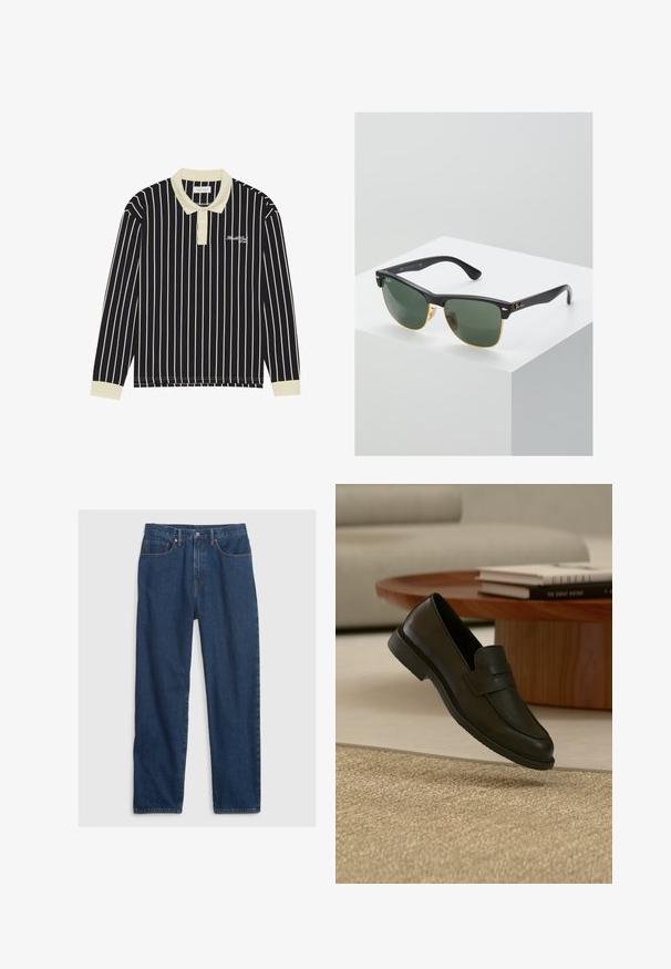 Polo à manches longues avec des rayures verticales bleu marine et crème, un col crème, une patte de boutonnage à trois boutons, et un logo brodé sur la poitrine gauche.; Jean en denim bleu foncé avec une coupe droite, comprenant un design à cinq poches, un bouton supérieur et des rivets en cuivre.; Chaussure mocassin en cuir noir présentée en suspension au-dessus d'un tapis beige tissé, avec une table en bois et des livres empilés dans un salon doucement éclairé.; Lunettes de soleil Ray-Ban avec des verres verts, monture en plastique noir et accents dorés sur les bords. Forme carrée avec une finition mate.