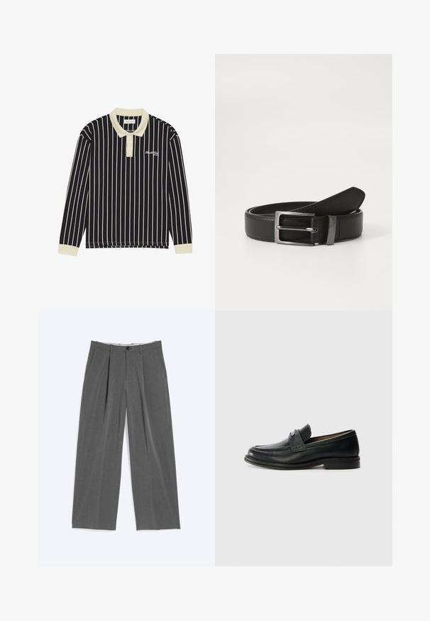 Polo à manches longues avec des rayures verticales bleu marine et crème, un col crème, une patte de boutonnage à trois boutons, et un logo brodé sur la poitrine gauche.; Pantalon gris à jambes larges avec fines rayures verticales, plis sur le devant, poches latérales, passants pour ceinture et fermeture par bouton à la taille.; Mocassins en cuir noir avec une finition lisse, dotés d'une bande supérieure texturée, d'un talon bas et de détails de couture minimalistes.; Ceinture en cuir noir avec une boucle en métal argenté, présentant une finition lisse et un design classique. La ceinture est soigneusement pliée.