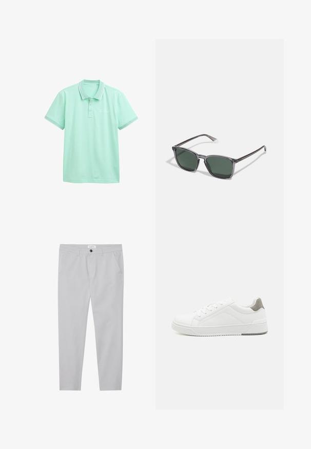 Polo shirt vert menthe avec une patte de boutonnage à trois boutons, col et poignets blancs contrastants. Présente une texture subtile et une broderie de la marque sur la poitrine.; Pantalons gris clair en tissu doux, avec une coupe ajustée, deux poches avant, une fermeture à bouton et des détails de texture subtils.; Basket blanche en cuir lisse, à bout arrondi, design minimaliste, accent de talon gris et semelle en caoutchouc texturé.; Polaroid Lunettes de soleil - grey
