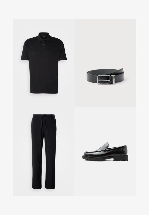 Polo negro de algodón, con un collar clásico, dos botones y un logo bordado en el pecho. Mangas cortas.; Pantalones negros y ligeros con diseño de pierna recta. Cuentan con cintura ajustable con cordón y textura suave. Adecuados para uso casual.; Mocasín de cuero negro con suela de goma gruesa, empeine cosido y nombre de la marca en relieve en el talón, mostrado en perfil lateral sobre fondo blanco.; Cinturón de cuero negro con una hebilla rectangular plateada y un pequeño aro plateado adjunto, enrollado sobre un fondo blanco.