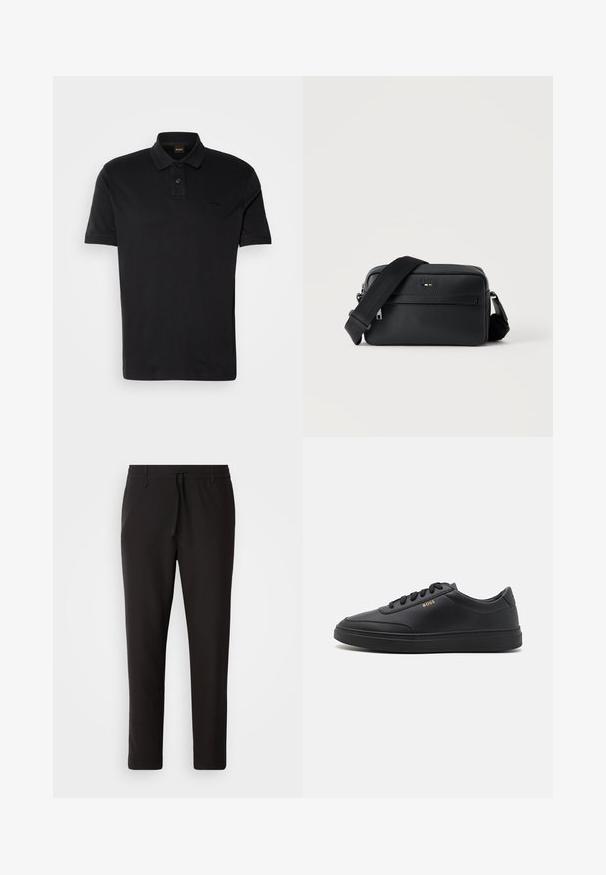 T-shirt polo noir en coton, avec un col classique, deux boutons et un logo brodé sur la poitrine. Manches courtes.; Pantalons de jogging noirs en tissu lisse. Dotés d'une taille élastique avec cordon de serrage, jambes fuselées, et sans poches visibles. Design simple.; Baskets en cuir noir avec une texture lisse, bout rond, semelle en caoutchouc plate et lacets ton sur ton. Présente une marque "BOSS" dorée sur le côté.; Sac bandoulière en cuir noir texturé avec poche avant zippée et bandoulière large en tissu réglable sur fond blanc.