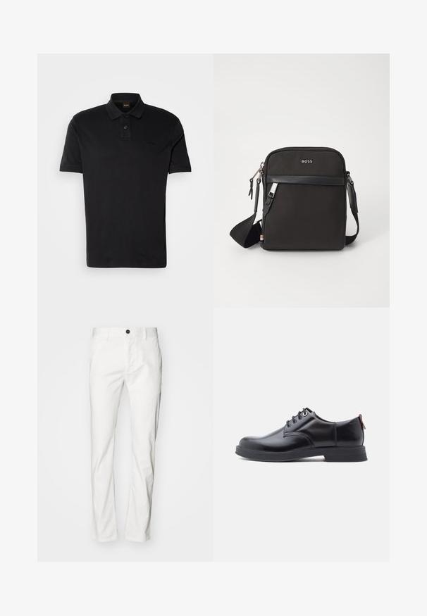 T-shirt polo noir en coton, avec un col classique, deux boutons et un logo brodé sur la poitrine. Manches courtes.; Pantalon en coton blanc avec une coupe droite, doté d'une fermeture à bouton et de poches, texture lisse et style minimaliste.; Chaussures en cuir noir à lacets avec une texture lisse, un bout arrondi et des détails de couture discrets. Présentent une languette rouge à l'arrière.; Sac bandoulière noir en tissu texturé, avec un logo sur le devant, fermeture éclair et une bandoulière réglable. Finitions en cuir lisse.