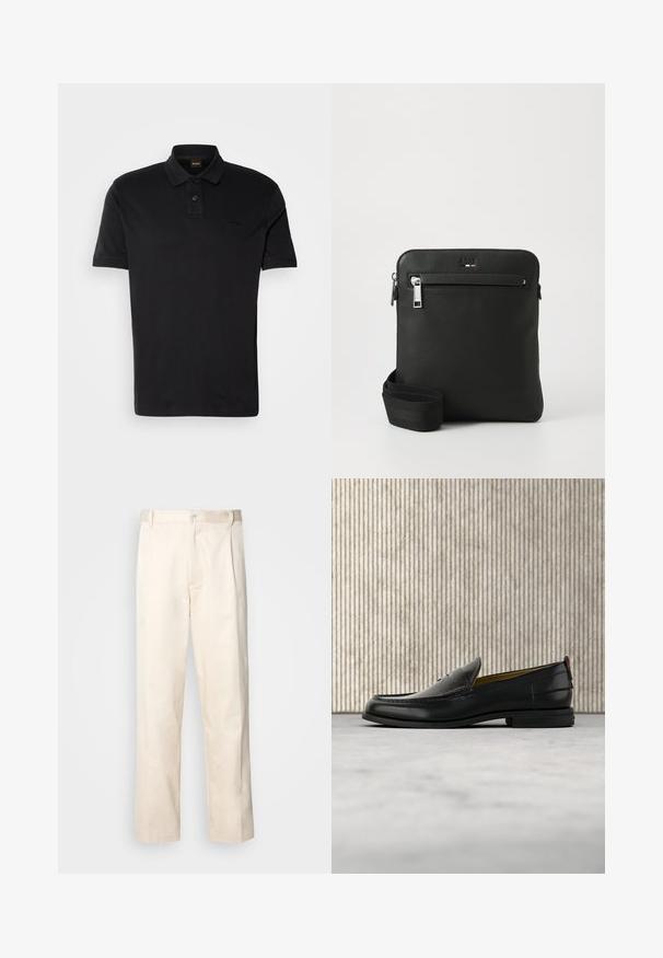 Schwarzes Polo-Shirt aus Baumwolle, mit klassischem Kragen, zwei Knöpfen und einem gestickten Logo auf der Brust. Kurze Ärmel.; Beige Baumwollhose mit geradem Bein, ausgestattet mit einem Knopfverschluss und Falten an der Vorderseite für zusätzliche Details.; Schwarzer Herren-Slipper aus Leder mit einer krokogeprägten Vorderkappe und einem niedrigen Absatz, im Profil vor neutralem Hintergrund gezeigt.; Schwarze Leder-Umhängetasche mit flachem Design, strukturierter Oberfläche, Reißverschluss, Vordertasche und verstellbarem Stoffriemen.