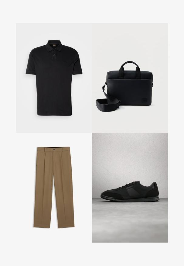 Schwarzes Polo-Shirt aus Baumwolle, mit klassischem Kragen, zwei Knöpfen und einem gestickten Logo auf der Brust. Kurze Ärmel.; Braune gerade geschnittene Hose mit Gürtelschlaufen, Vorderknopf und Reißverschluss, flach auf weißem Hintergrund dargestellt.; Schwarzer Sneaker mit niedriger Schuhhöhe, Schnürsenkeln, strukturierten Einsätzen und Gummisohle, der über einem polierten Betonboden in der Nähe von Glasbausteinen schwebt.; Schwarze Aktentasche aus strukturiertem Leder mit oberen Griffen und verstellbarem Schulterriemen, vor einem schlichten weißen Hintergrund platziert.