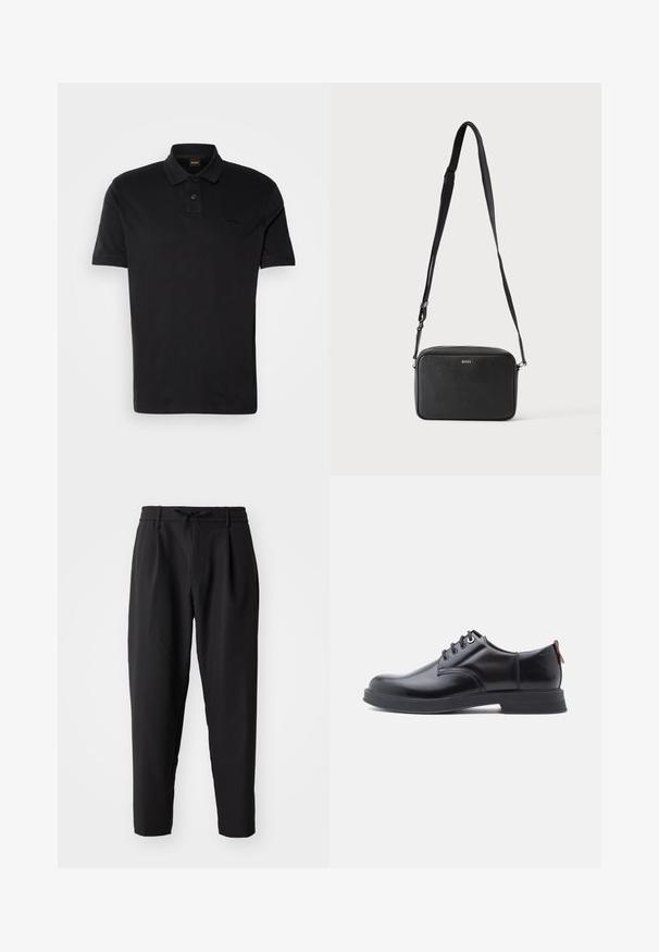 Schwarzes Polo-Shirt aus Baumwolle, mit klassischem Kragen, zwei Knöpfen und einem gestickten Logo auf der Brust. Kurze Ärmel.; Schwarze, schmal zulaufende Hose mit elastischem Bund und Kordelzug. Glattes, leichtes Material, ausgestattet mit Falten und Seitentaschen.; Schwarze Leder-Schnürschuhe mit glatter Textur, rundem Zehenbereich und dezenten Ziernähten. Mit einem roten Laschenband an der Ferse.; Schwarze rechteckige Umhängetasche mit verstellbarem Riemen und BOSS-Logo auf der Vorderseite, vor einem einfarbigen hellen Hintergrund.