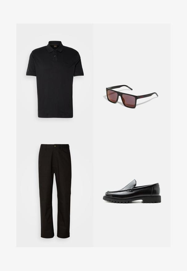 Schwarzes Polo-Shirt aus Baumwolle, mit klassischem Kragen, zwei Knöpfen und einem gestickten Logo auf der Brust. Kurze Ärmel.; Schwarze Baumwollhosen mit geradem Schnitt, Gürtelschlaufen, einem Reißverschluss vorne und einem einzelnen Knopfverschluss. Glatte Textur ohne sichtbare Muster.; Schwarzer Lederloafer mit grober Gummisohle, genähter Oberseite und geprägtem Markennamen an der Ferse, seitlich auf weißem Hintergrund gezeigt.; Schwarze rechteckige Sonnenbrille mit dunkelroten Gläsern, mit matter Oberfläche und rotem Logo am Bügel. Robuster Kunststoffrahmen.