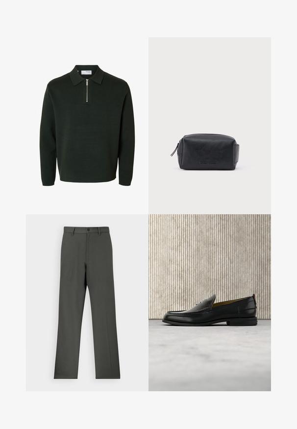 Suéter tipo polo de manga larga verde oscuro con cuello con cremallera y dobladillo recto.; Pantalones de color gris oscuro, confeccionados en una tela suave, con un diseño de pierna recta, cierre de botón y pasadores para cinturón. Sin patrones ni acentos visibles.; Mocasín de cuero negro para hombre con empeine grabado en relieve de cocodrilo y tacón bajo, mostrado de perfil sobre un fondo neutro.; Bolsa de aseo rectangular de cuero negro con cremallera y nombre de marca en relieve en la parte frontal, sobre un fondo blanco liso.