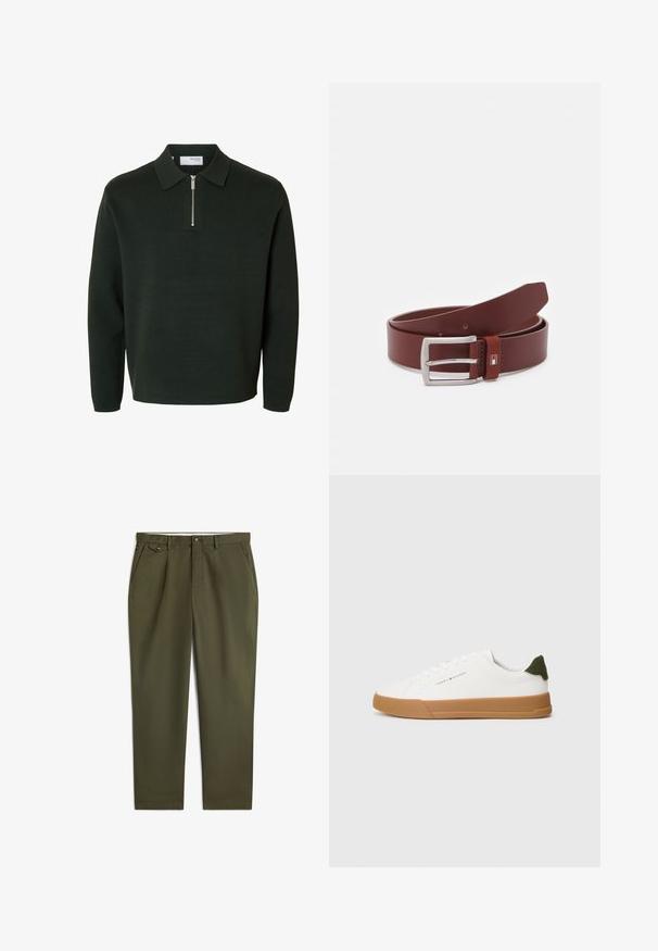 Mørkegrøn langærmet polo-sweater med lynlåslukning ved kraven og en lige kant nederst.; Olivengrønne bukser med lige ben, bæltestropper, knaplukning i taljen, forlommer og en lille knaplukket lomme på højre side.; Hvide lavtop sneakers med brun gummisål, grøn hæltab og "Tommy Hilfiger" logo på siden.; Brun læderbælte med en sølvfarvet metalspænde. Har et rektangulært design, læderløkke med et logo og flere bæltehuller.