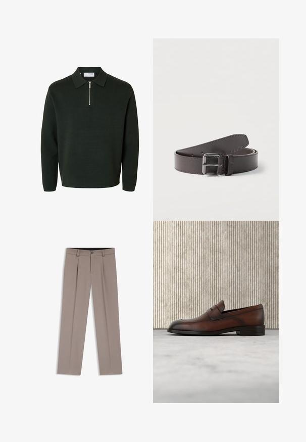 Suéter tipo polo de manga larga verde oscuro con cuello con cremallera y dobladillo recto.; Pantalones de hombre a medida de color marrón claro con trabillas para cinturón, pliegues, botón frontal y cremallera, colocados planos sobre un fondo blanco.; Mocasín de cuero marrón para hombre con parte delantera perforada y detalle de correa, ubicado sobre una alfombra beige, con una mesa redonda brillante de color marrón en el fondo.; Cinturón de cuero marrón oscuro enrollado con una hebilla metálica cuadrada y costuras visibles a lo largo de los bordes.