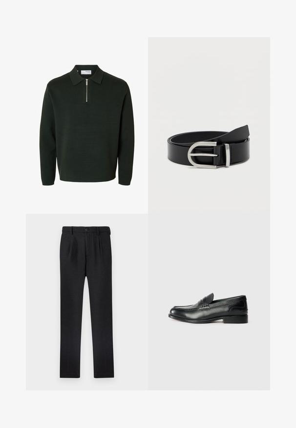 Suéter tipo polo de manga larga verde oscuro con cuello con cremallera y dobladillo recto.; Pantalones negros confeccionados en tela texturizada, con cierre de botón, dos pliegues delanteros y diseño de pierna recta.; Mocasines de cuero negro con un acabado suave, detalles de costura en la parte delantera y un tacón ligeramente elevado.; Cinturón de cuero negro con una textura suave, que presenta una hebilla de metal plateado y una forma rectangular clásica.