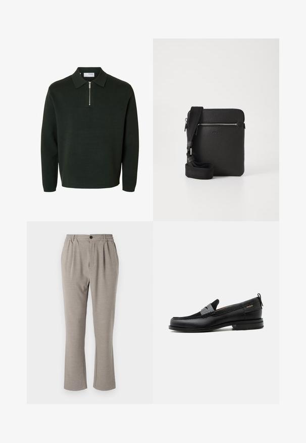 Mørkegrøn langærmet polo-sweater med lynlåslukning ved kraven og en lige kant nederst.; Lyse grå bukser med en afslappet pasform, lavet af blødt stof, med elastisk talje, plisseringer og en enkelt knaplukning.; Sort læderloafer med grå remdetalje, lav hæl og tekstureret sål, mærket med "HUGO" i guld på siden.; Sort læder crossbody taske med en tekstureret overflade, lynlåslomme foran og en justerbar stofrem. Enkel firkantet design.