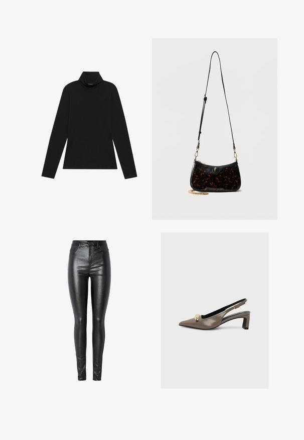 Zwarte langetermijn turtleneck. Zachte stof, getailleerd design, hoge kraag en zijnaad. Eenvoudige en veelzijdige stijl die geschikt is voor het laagjes dragen.; Zwarte metalen skinny jeans met een gladde textuur, hoge taille, voorzakken en een ritssluiting, ontworpen om nauwsluitend te passen.; Taupekleurige lakleren slingback pump met spitse neus, lage blokhak, goudkleurige gespsluiting aan de voorkant en een verstelbaar enkelbandje.; Kleine schoudertas met verstelbare zwarte band, glanzend donker schildpadkleurig lichaam, gouden kettingdetail en ronde gouden embleem aan de voorkant.