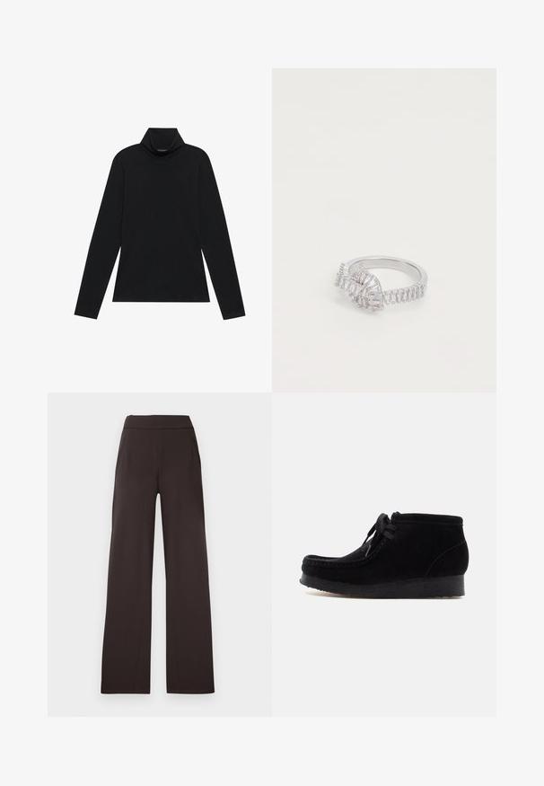 Zwarte langetermijn turtleneck. Zachte stof, getailleerd design, hoge kraag en zijnaad. Eenvoudige en veelzijdige stijl die geschikt is voor het laagjes dragen.; Donkerbruine, wijde broek van zacht stof. Voorzien van een platte tailleband en twee voorzakken, ontworpen voor comfort en bewegingsvrijheid.; Zwarte suede enkellaarsjes met een ronde neuzen, vetersluiting en een gestructureerde rubberen zool. Stiksels zichtbaar langs de randen voor extra detail.; Zilveren ring met een golvend ontwerp, versierd met baguette-geslepen en ronde stenen die asymmetrisch langs de band zijn gerangschikt. Glad, gepolijst oppervlak.