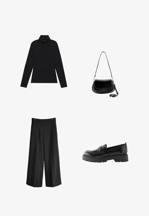 Zwarte langetermijn turtleneck. Zachte stof, getailleerd design, hoge kraag en zijnaad. Eenvoudige en veelzijdige stijl die geschikt is voor het laagjes dragen.; Zwarte wijde broek met hoge taille, gemaakt van een gladde stof. Bevat twee voorkeurs en twee knopen bij de tailleband.; Zwarte lakleren loafers hebben een laag platformzool met een robuuste profiel en een gestikte detail over de middenvoet.; Zwarte leren schoudertas met klep sluiting, afneembare lange schouderriem opgerold aan de basis, en hardware in zilverkleur op een witte achtergrond.