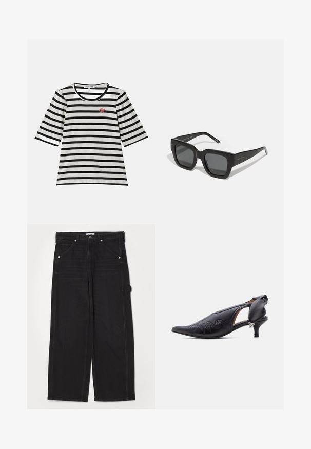 Gestreept T-shirt met korte mouwen, met zwart-witte ribbelstructuur, ronde halslijn en klein rood logo op de linkerborst.; RE/DONE PAINTER JEAN - Relaxed fit jeans - crafted black; Zwarte leren slingback pumps met puntige neus en geborduurde details, voorzien van een lage kittenheel, een gewatteerde strik en een zilveren driehoekaccent.; Zwarte vierkante zonnebril met donkere lenzen, een dik plastic montuur en slanke pootjes. Bevat subtiele branding aan de zijkant.