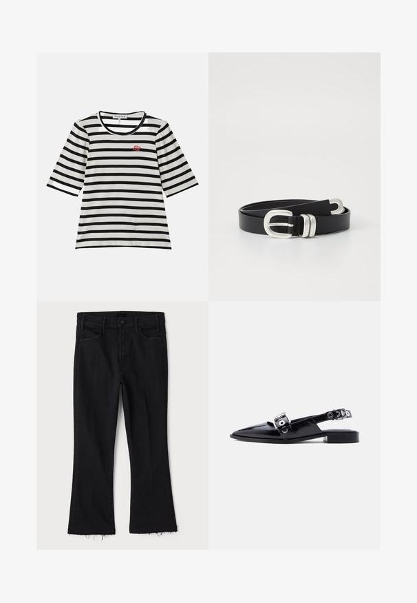 Camiseta de rayas con mangas cortas, con textura acanalada en blanco y negro, escote redondo y pequeño logo rojo en el lado izquierdo del pecho.; Mother LIL HUSTLER FRAY - Vaqueros bootcut - black denim; Zapato plano puntiagudo de charol negro con doble correa de hebilla plateada y talón tipo slingback sobre fondo blanco.; Cinturón de cuero negro con una hebilla de doble lengüeta en tono plateado. Textura suave, forma plana, con agujeros para ajustar y un diseño elegante.