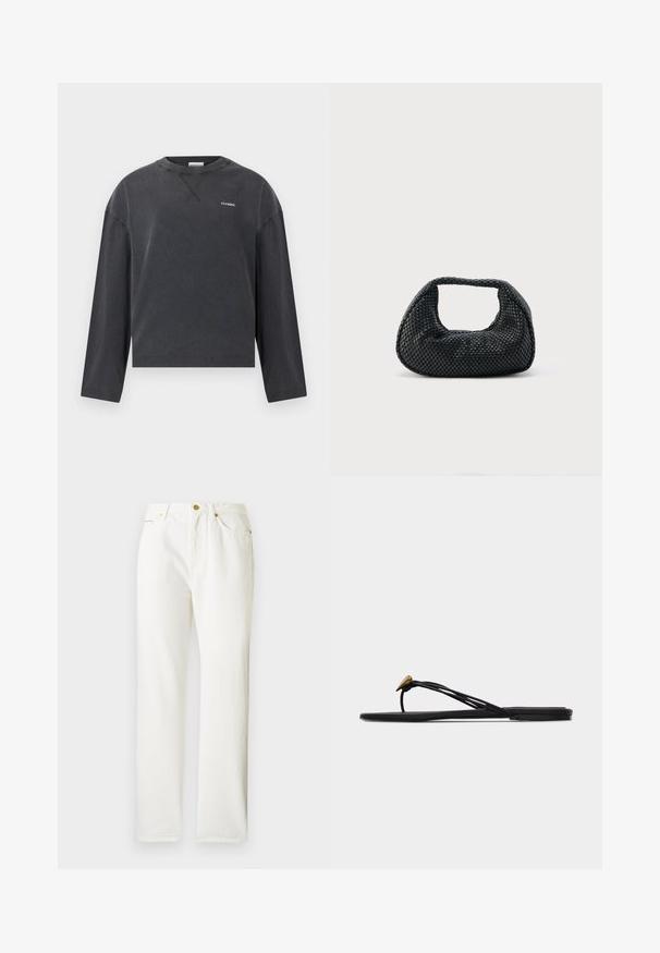 CLOSED CREWNECK LONGSLEEVE - T-shirt à manches longues - black; Pantalons en denim blanc avec une coupe droite, dotés d'une fermeture à bouton sur le devant et d'une texture subtile. Comprend des poches latérales et un matériel minimal.; Sandale plate noire en forme de tongs avec plusieurs fines lanières et une petite déco dorée en forme de larme sur la lanière avant.; Sac hobo tissé noir avec une structure souple et une poignée intégrée, présenté sur un fond clair uni.