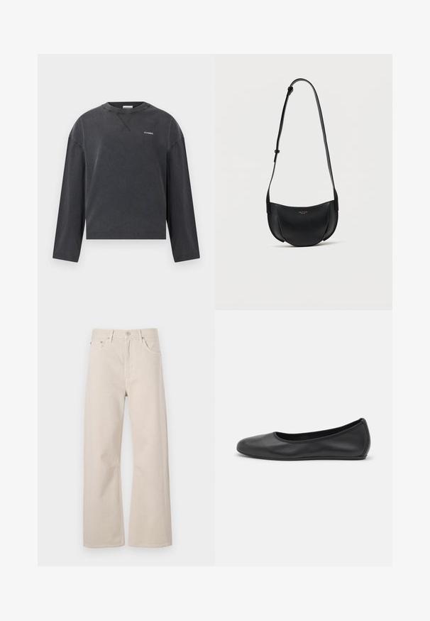 CLOSED CREWNECK LONGSLEEVE - T-shirt à manches longues - black; Jeans beige à jambes larges en coton, avec une taille haute, deux poches avant et une fermeture à bouton en métal.; Ballerines en cuir noir avec un bout rond, texture lisse, détails de couture minimalistes et design de semelle flexible.; Sac bandoulière en cuir noir en forme de croissant avec bandoulière réglable et petit logo doré au centre avant.
