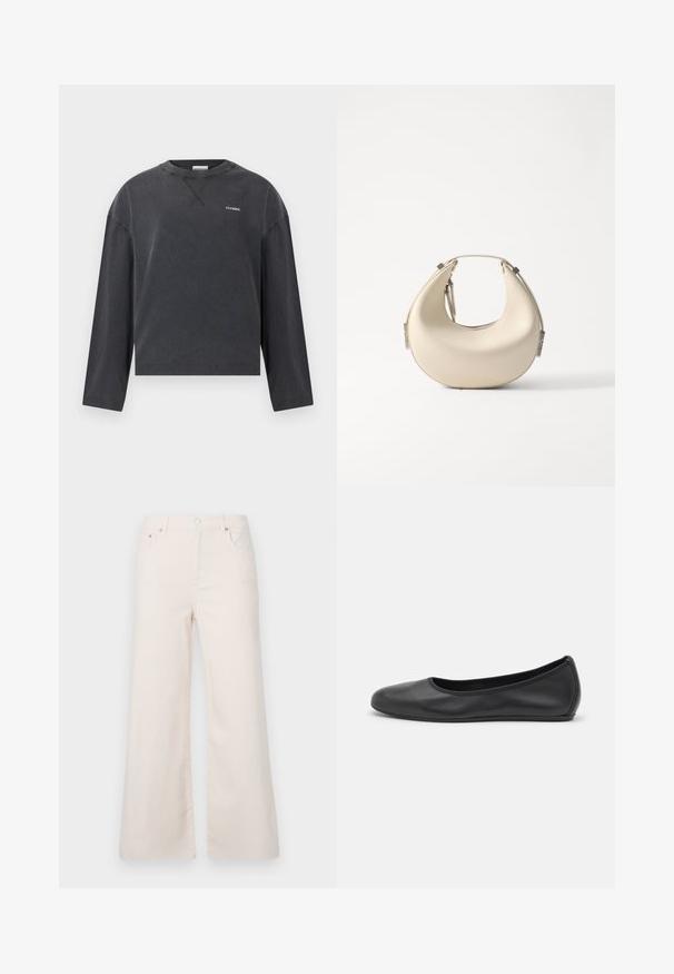 CLOSED CREWNECK LONGSLEEVE - Camiseta de manga larga - black; Pantalones de denim de pierna ancha, color beige claro, con una cintura alta, cinco bolsillos y cierre de botón en la parte delantera. Textura suave, detalles de costura mínimos.; Bailarina de piel negra con punta redondeada, textura suave, detalle de costura minimalista y diseño de suela flexible.; Bolso hobo con un exterior de cuero suave de color crema, forma redondeada y acentos metálicos plateados minimalistas en el asa.