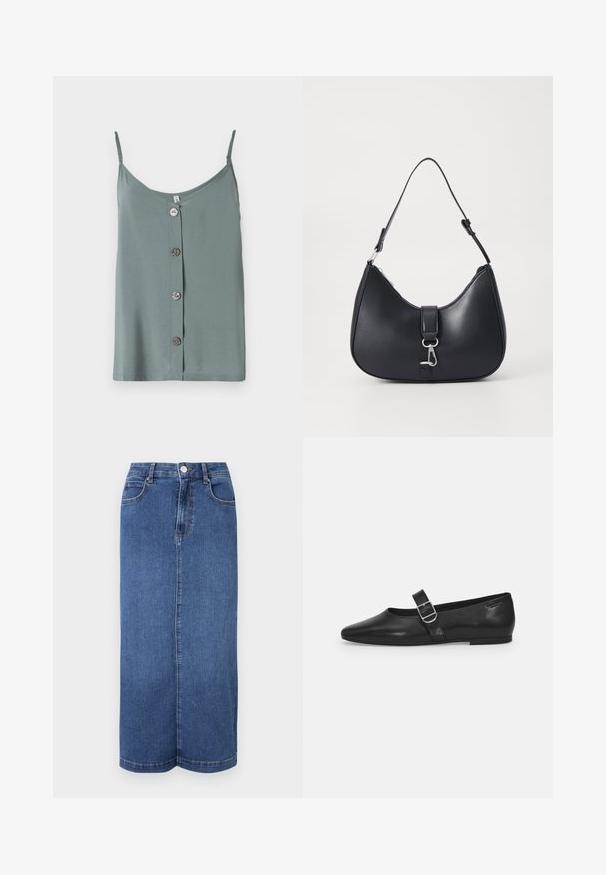 Haut sans manches de couleur vert clair avec un col rond et une fermeture à boutons à l'avant, comportant cinq boutons ronds et lisses. Tissu doux avec une coupe décontractée.; Jupe maxi en denim bleu foncé, avec une coupe droite, une taille avec une fermeture à bouton et des détails de couture minimalistes.; Chaussure plate en cuir noir avec un bout arrondi, une seule sangle réglable à boucle et une texture lisse et brillante. Design minimaliste avec un petit talon.; Pieces PCLIKA SHOULDER BAG - Sac à main - black