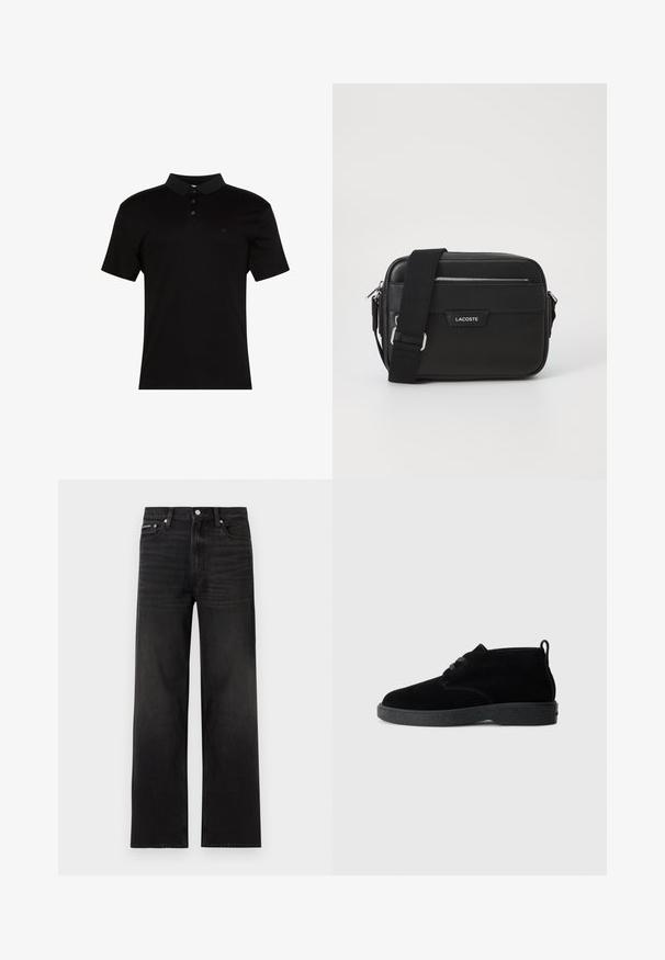 Polo noir en tissu lisse, avec un col à revers, une patte à trois boutons et un petit logo sur le côté gauche de la poitrine.; Jean noir droit avec cinq poches, passants pour ceinture et fermeture par bouton, présenté sur un fond blanc.; Bottines en suédine noire à bout rond, à lacets, avec une semelle en caoutchouc noire et une languette à l'arrière pour un enfilage facile.; Sac messenger noir en matériau synthétique texturé, quincaillerie argentée, bandoulière réglable, avec plaque logo à l'avant et fermeture éclair.