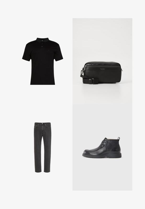 Polo negro de tela suave, con cuello de solapa, tapeta con tres botones y un pequeño logo en el lado izquierdo del pecho.; Vaqueros negros de corte recto con cierre delantero de botón y cremallera, bolsillos delanteros y traseros, mostrados sobre fondo blanco.; Botas de cuero negras hasta el tobillo con punta redondeada, diseño con cordones y una lengüeta en la parte trasera. Parte superior texturizada y suela de goma.; Bolso cruzado de cuero negro con un compartimento con cremallera, superficie texturizada, correa ajustable y marca Calvin Klein en la parte frontal.
